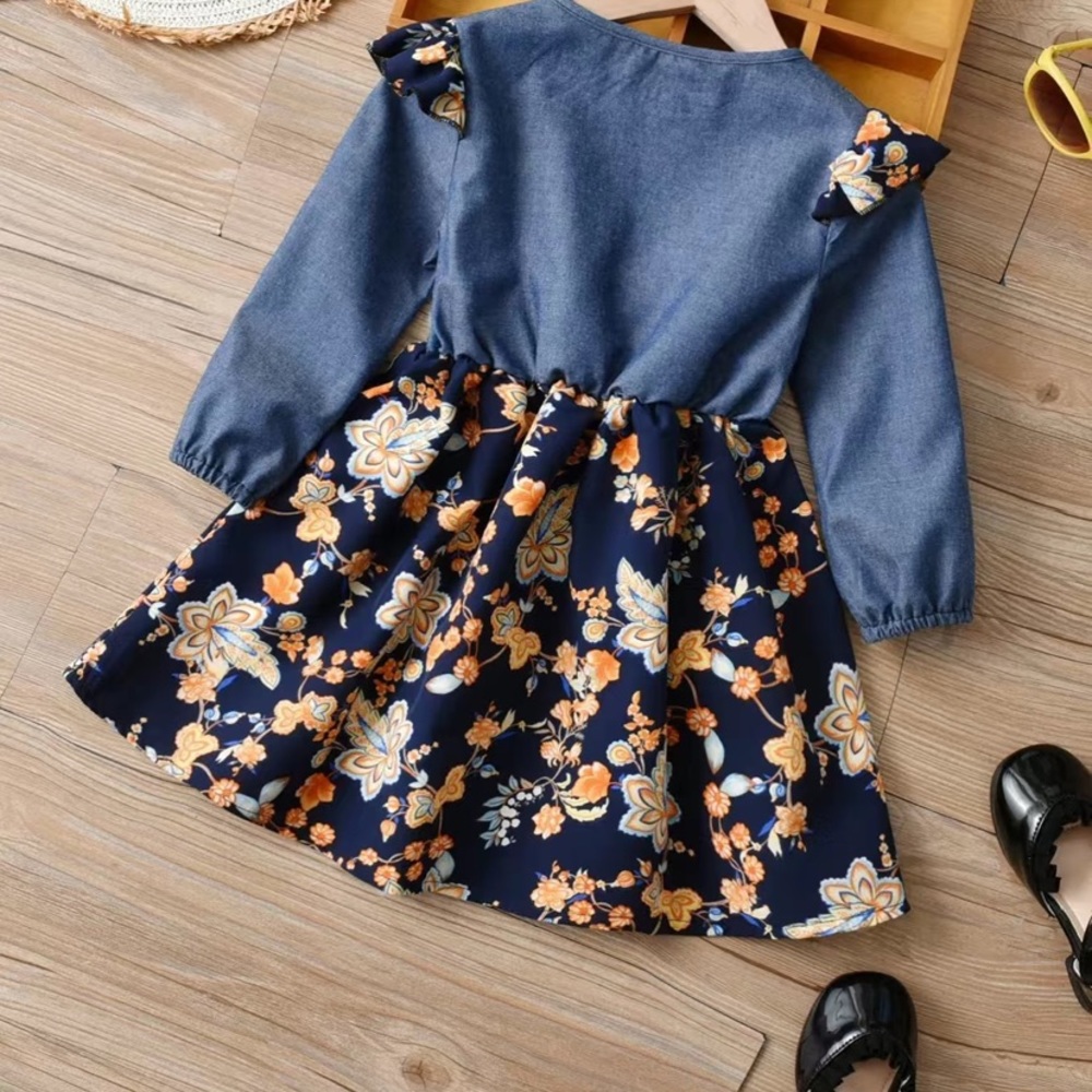 Toddler Denim Floral Print Dress - Picture 2 of 4